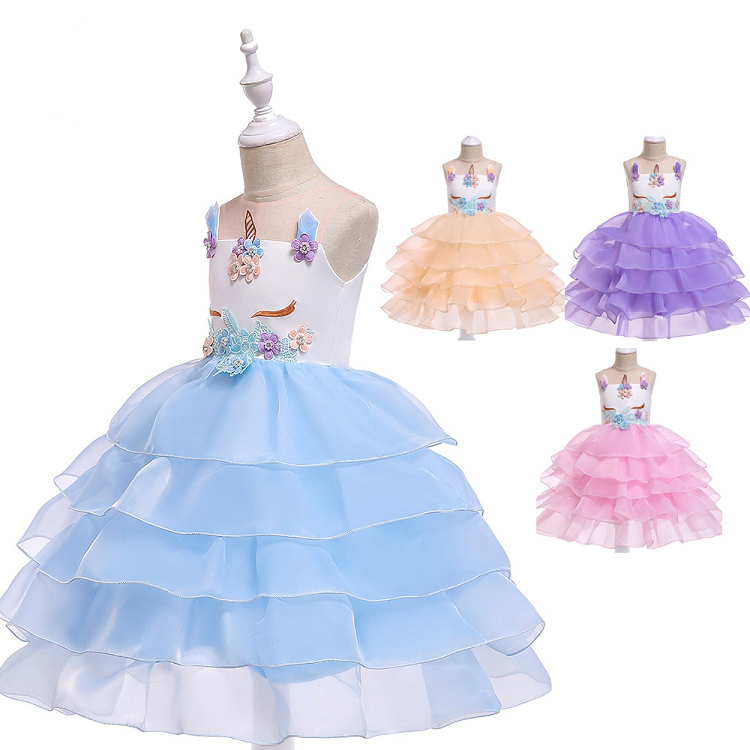 Hot European style girls unicorn princess dress lovely kids lace evening dress